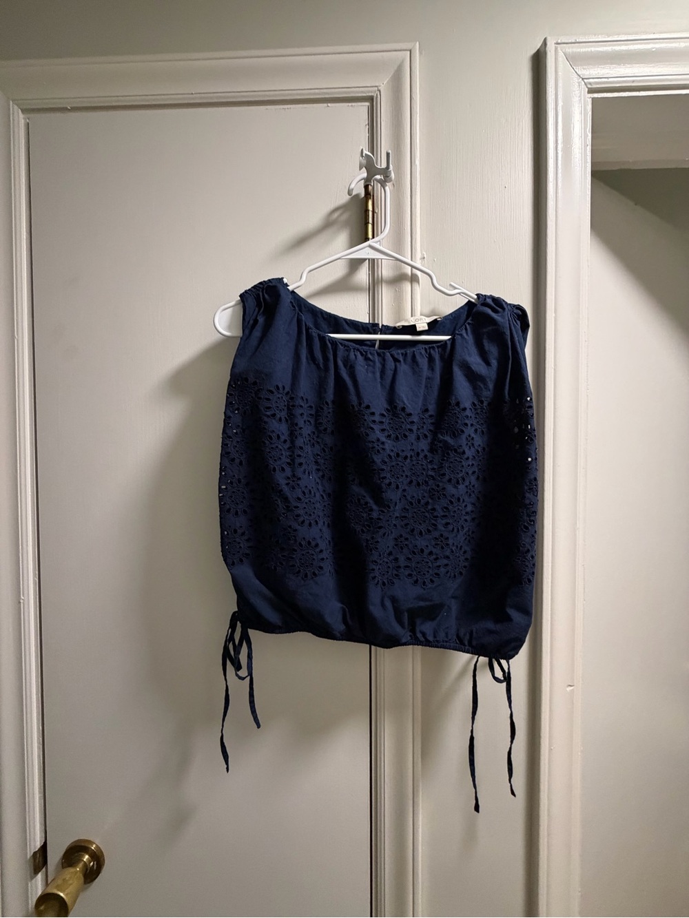 LOFT Navy Eyelet Drawstring Shell Top